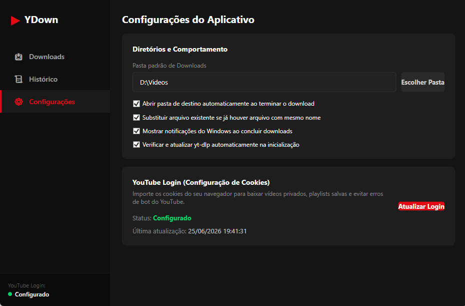 Tela de configuracoes do YDown