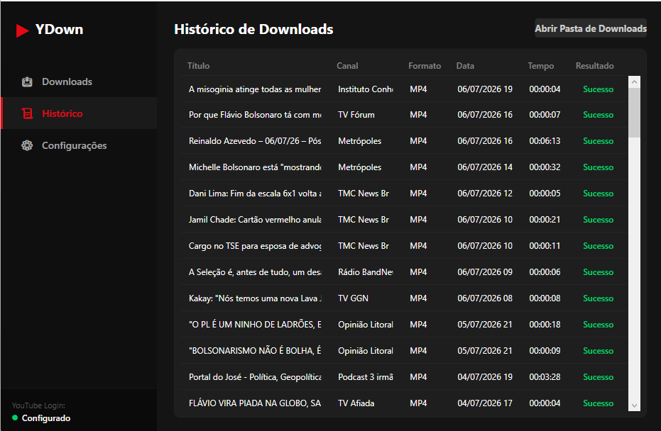 Tela de historico de downloads do YDown